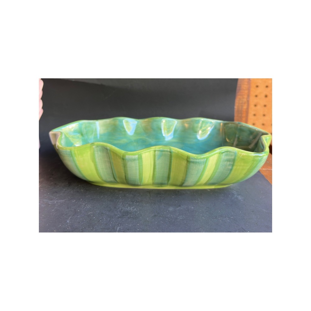 Gail Pittman Serving Bowl Signed Green Teal Scalloped Hand Painted Pottery 11in